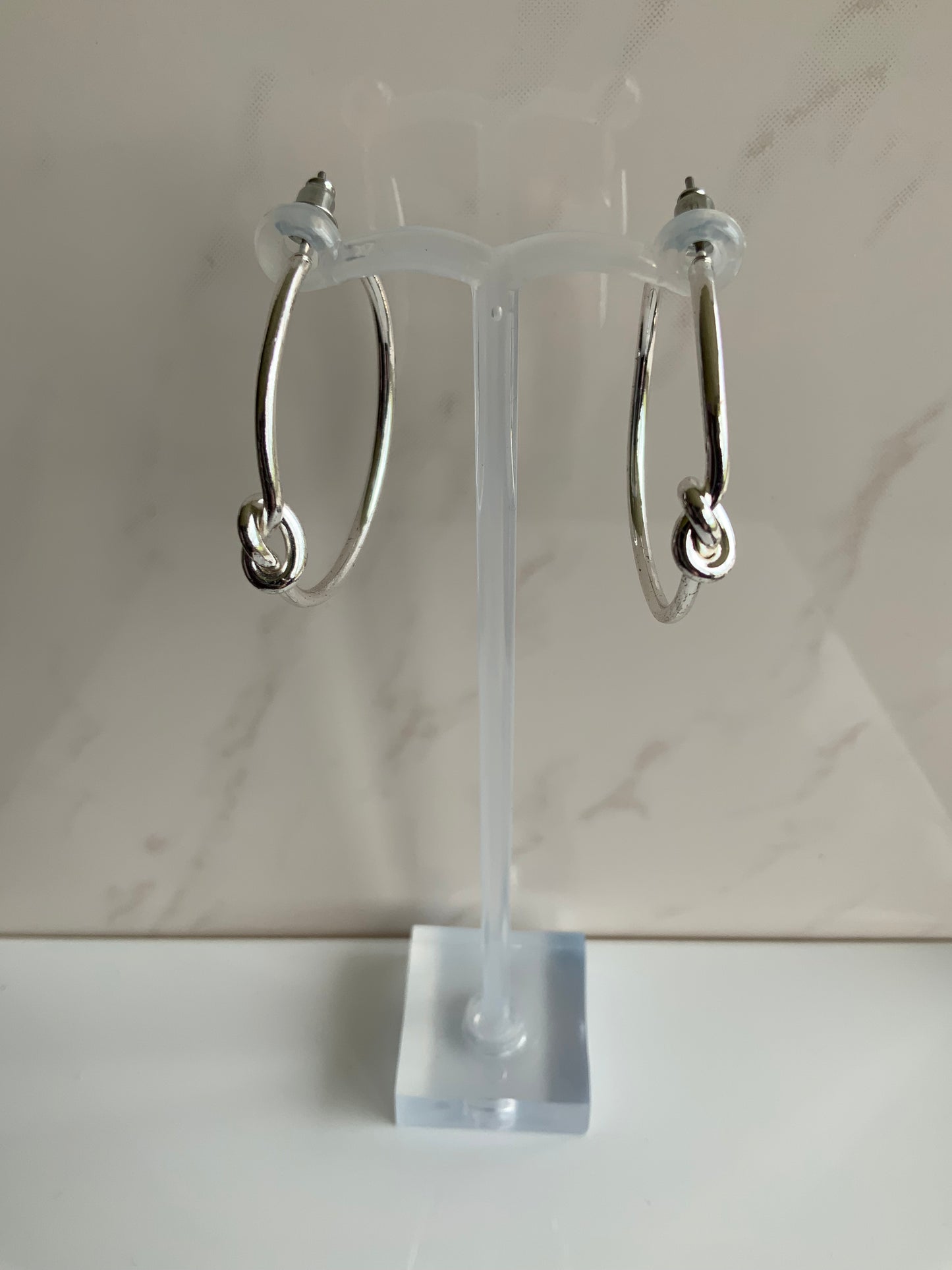 Large Hoop Earrings Silver Plate Plain Smooth Simple Knot Feature - Pierced Post