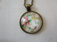 Butterfly & Floral Glass Dome Pendant with Bronzetone Necklace