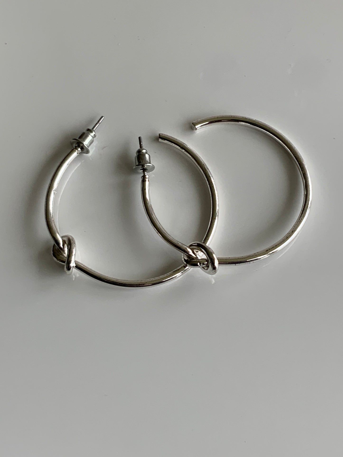 Large Hoop Earrings Silver Plate Plain Smooth Simple Knot Feature - Pierced Post