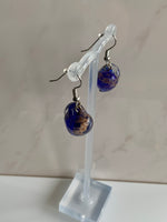 Lamp work Heart Dark Blue, Gold Fleck  Earrings Silver tone Pierced or Clip-on