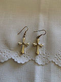 Gold Plated Detailed Cross Charm Dangle Earrings Pierced avail Clip-on