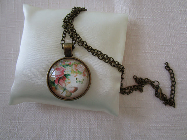 Butterfly & Floral Glass Dome Pendant with Bronzetone Necklace