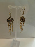 Long Dangle Gold Plated Round Floral Detailed Flower Charm Leaves Pink Centre