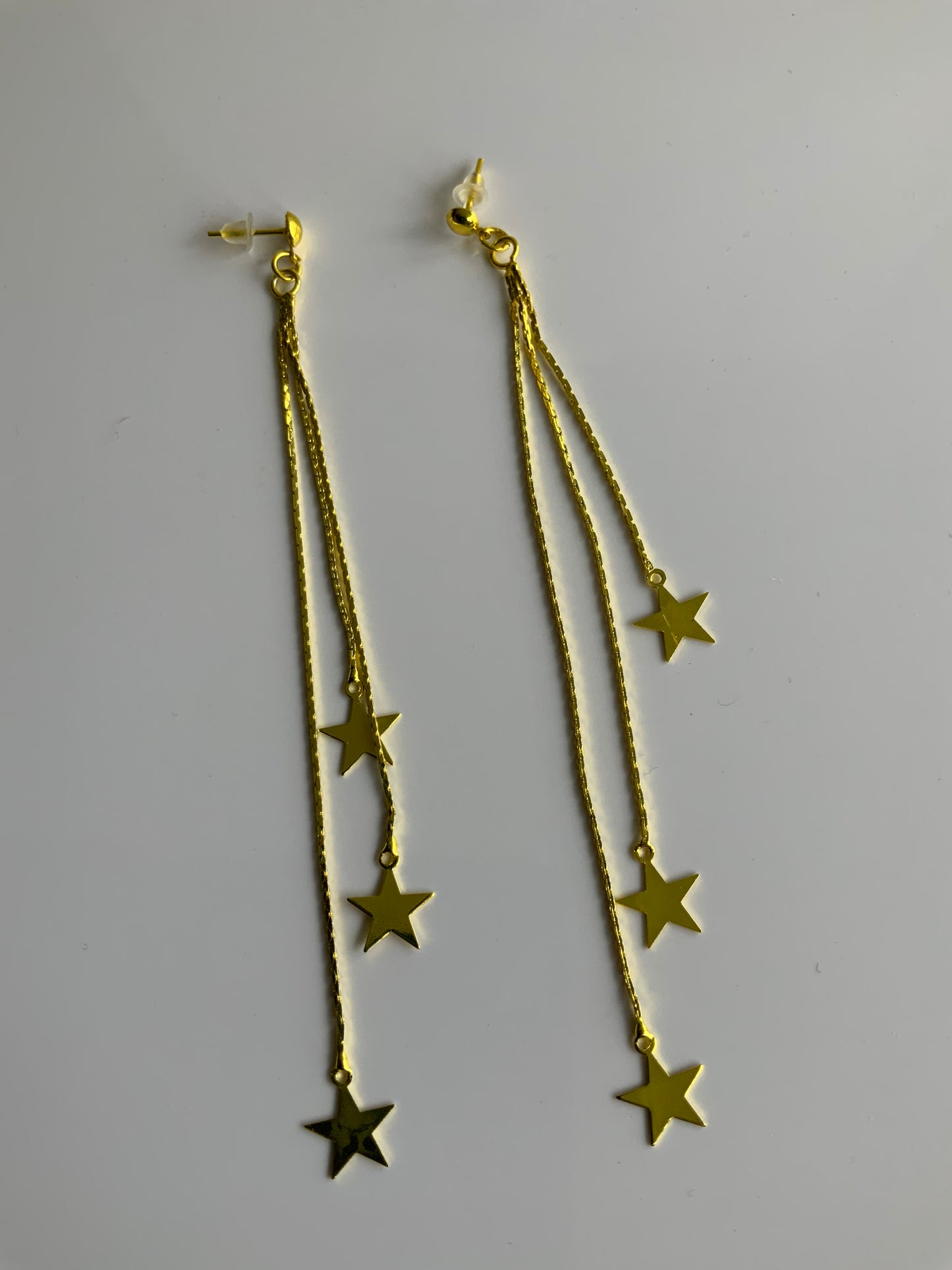 Long Chain Gold Plate Star Dangle Earrings Pierced - Stud & Clear Bullet Closure