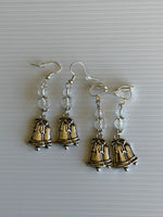 Silver Tone Double Bell Charm Dangle  Earrings Clear Crystals  Hook, Lever Pierced or Clip-on