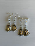 Silver Tone Double Bell Charm Dangle  Earrings Clear Crystals  Hook, Lever Pierced or Clip-on