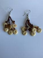 Light Tan Round Disc Beaded Tassel Long Drop Earrings Brown Bead - Pierced only