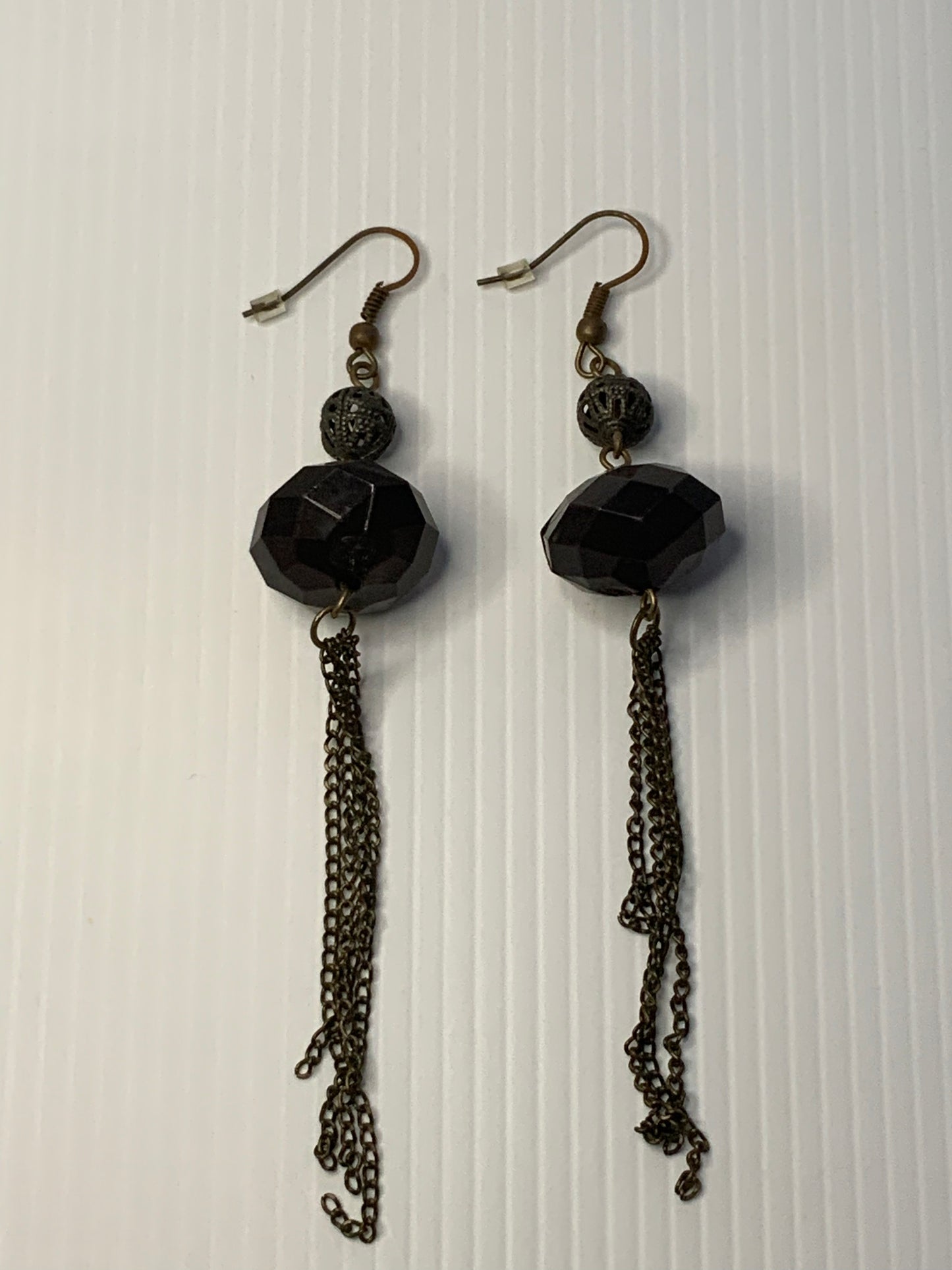 Long Beaded Chain Tassel Dangle Earrings Black Faceted Pierced Ears Hook