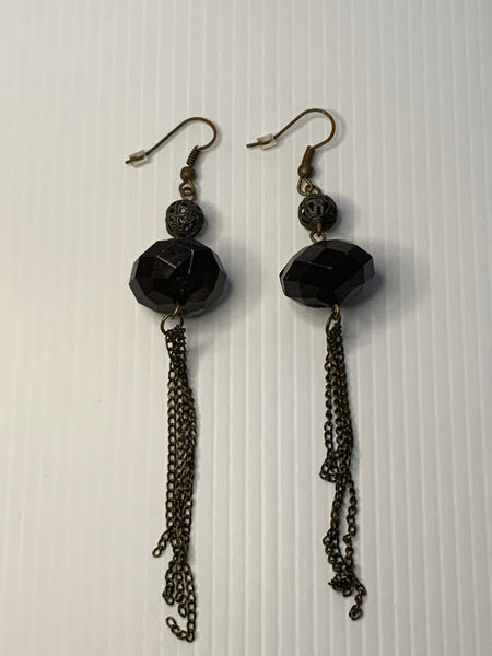 Long Beaded Chain Tassel Dangle Earrings Black Faceted Pierced Ears Hook