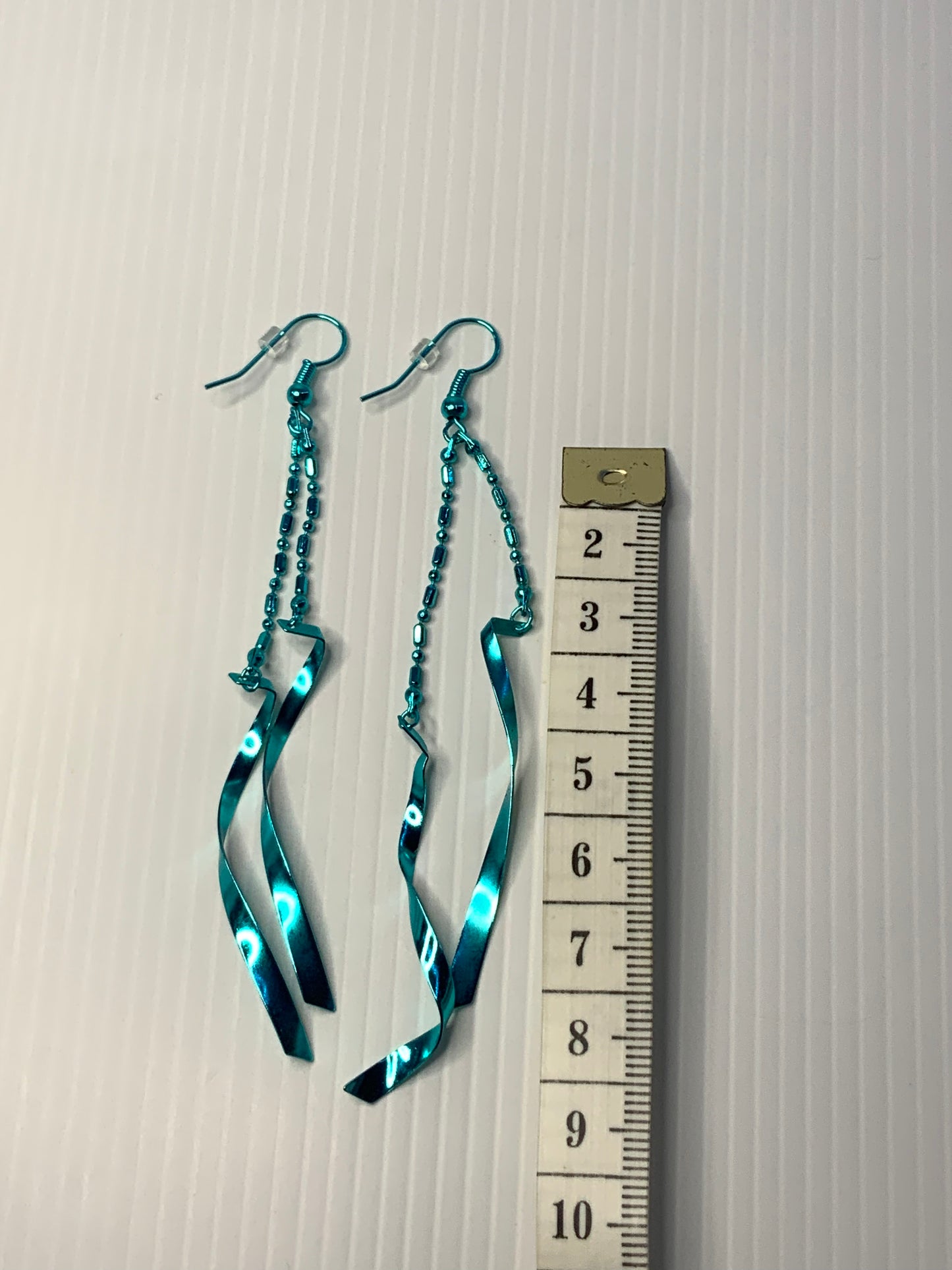 Long Wavey Ribbon Like & Ball Chain Metal Earrings Blue Pierced Hooks