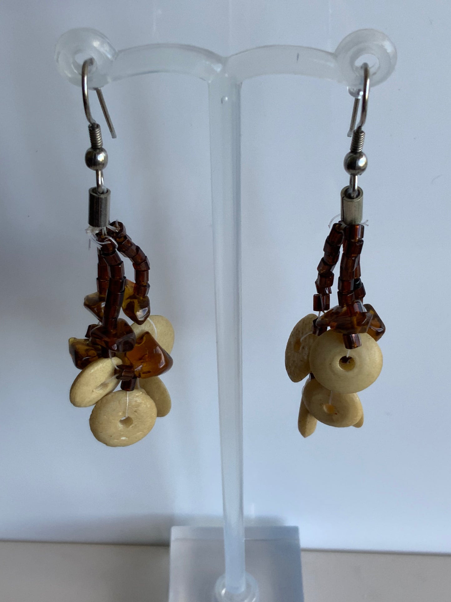 Light Tan Round Disc Beaded Tassel Long Drop Earrings Brown Bead - Pierced only