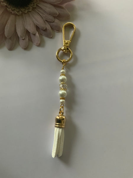 Handbag Dangle, Key Ring Dangle ~Tassel White  Crystals