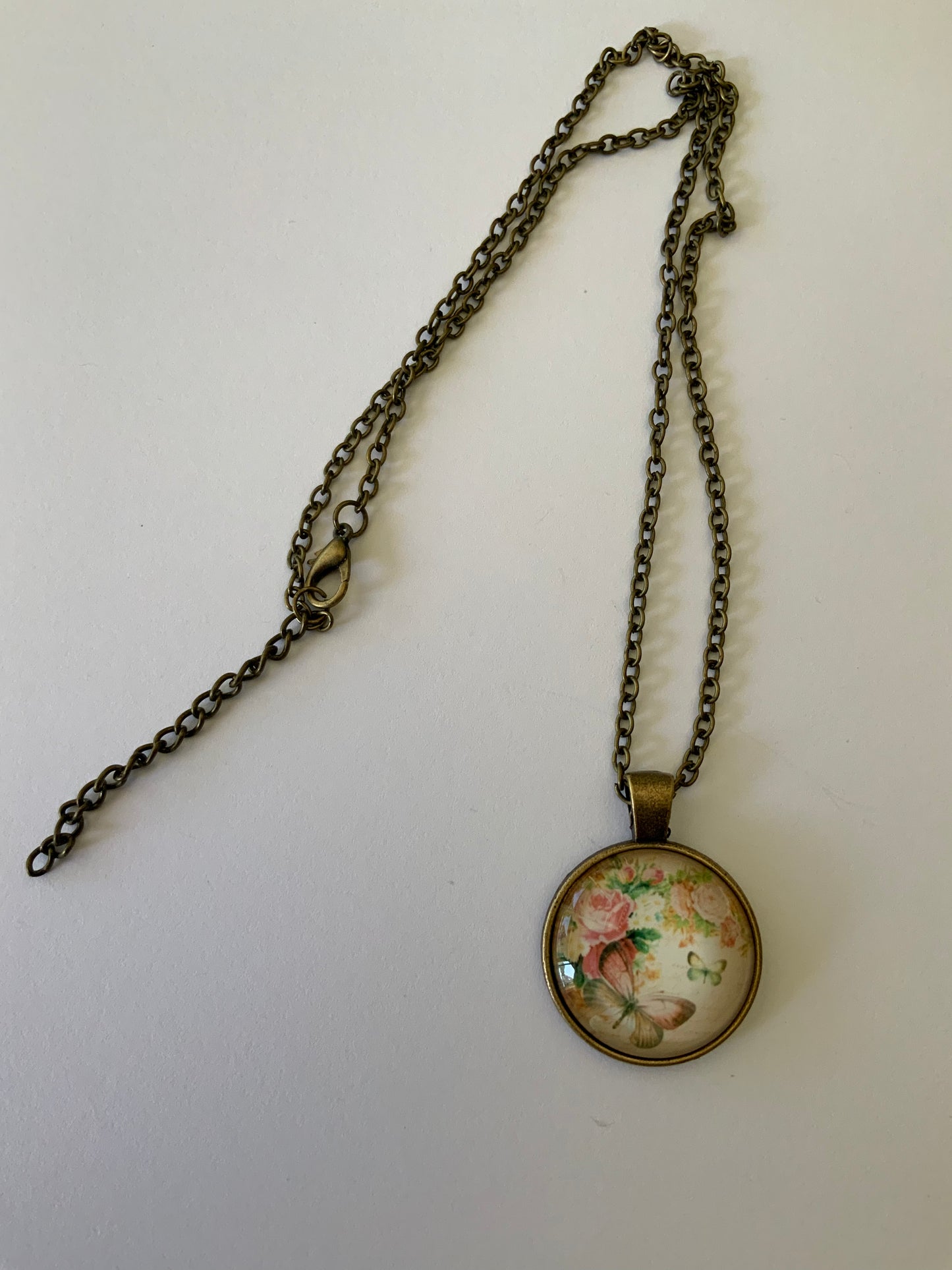Butterfly & Floral Glass Dome Pendant with Bronzetone Necklace
