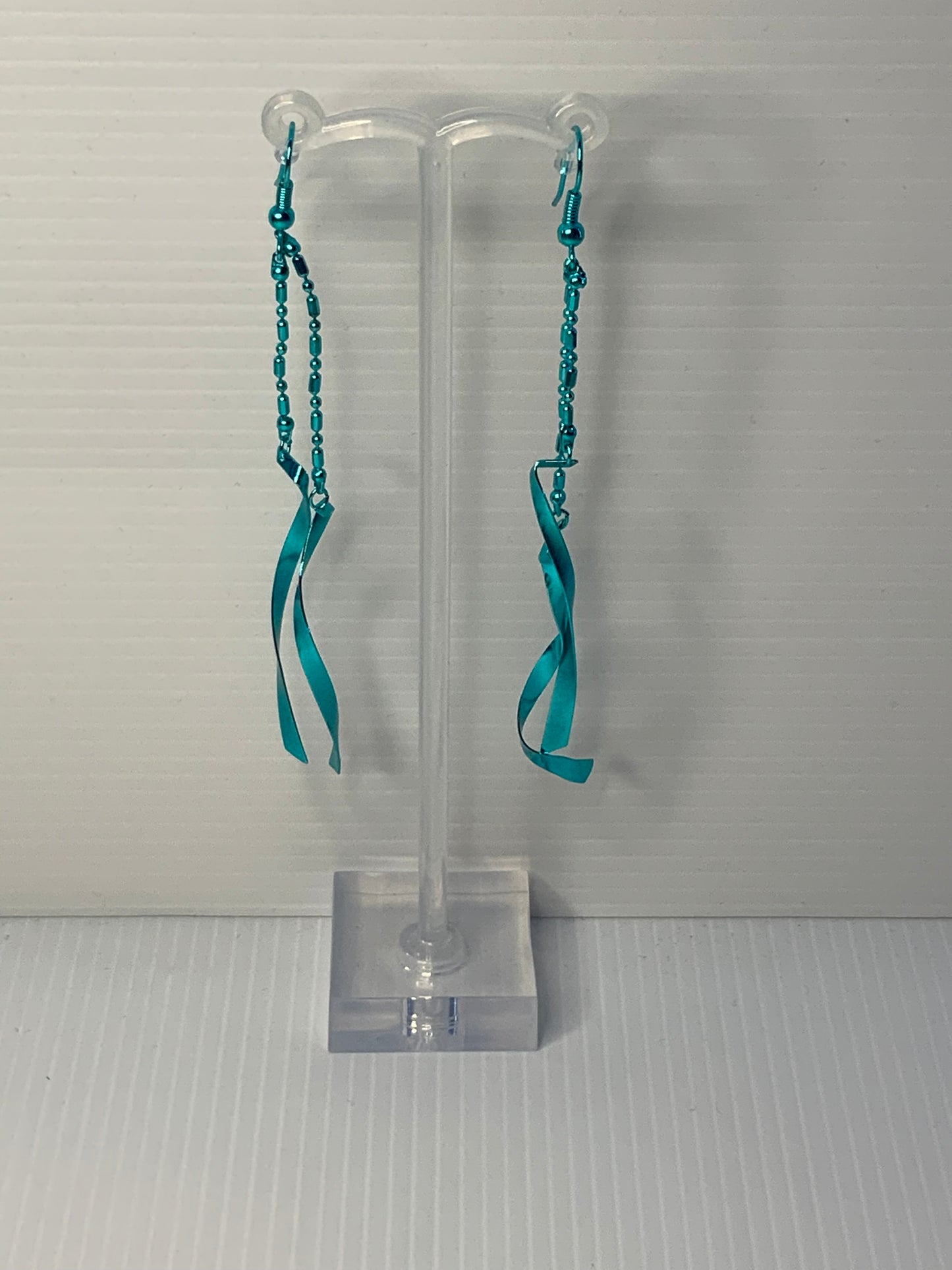 Long Wavey Ribbon Like & Ball Chain Metal Earrings Blue Pierced Hooks