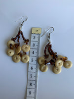 Light Tan Round Disc Beaded Tassel Long Drop Earrings Brown Bead - Pierced only