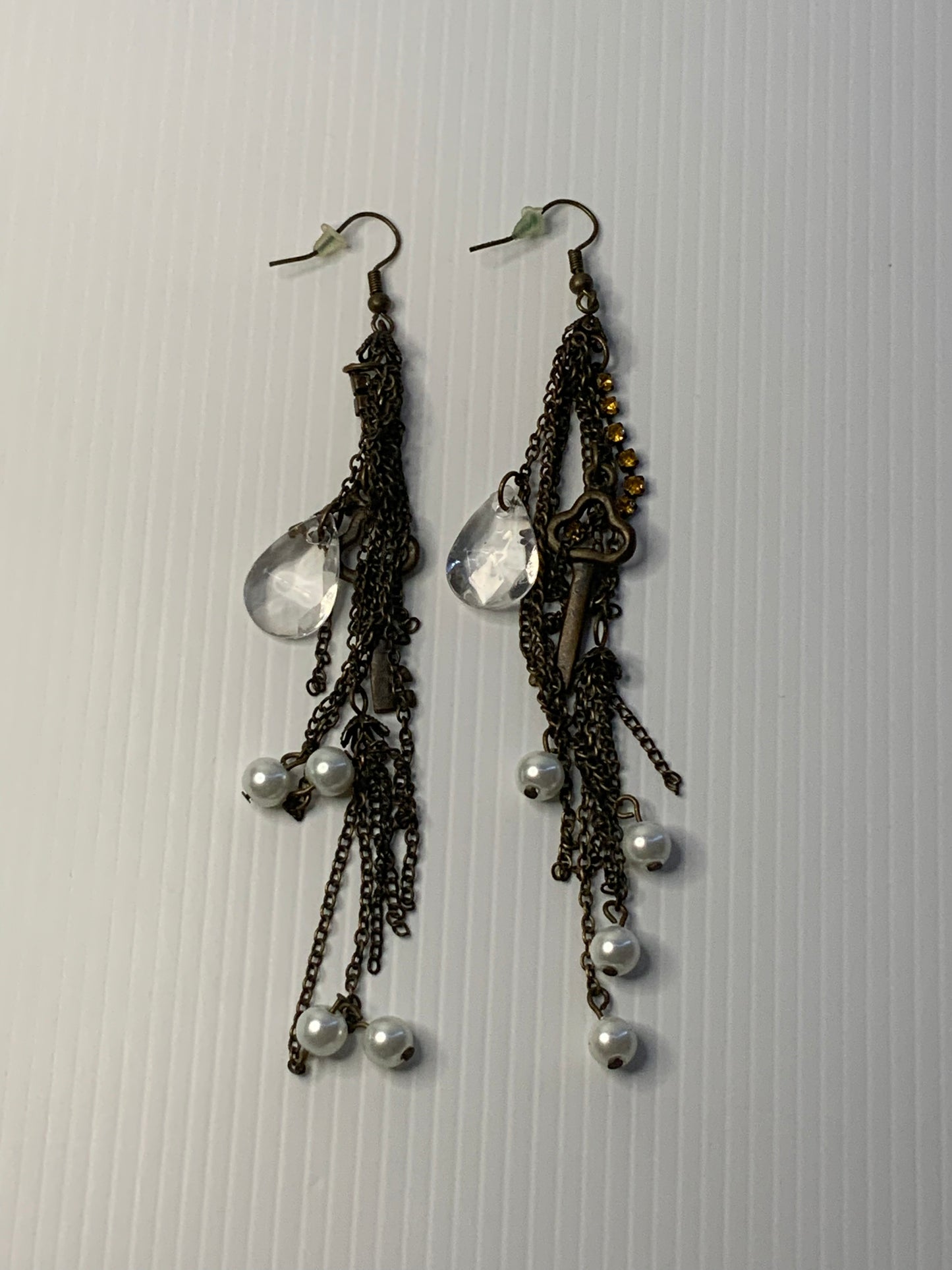 Long Dangle Bronze Coin & Crystal drop, Pears & Rhinestone Earrings - Pierced.