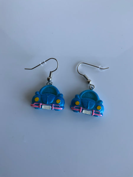 Blue Beetle Car Dangle Earrings Pierced Hook available in Clip-On, Gift,Birthday