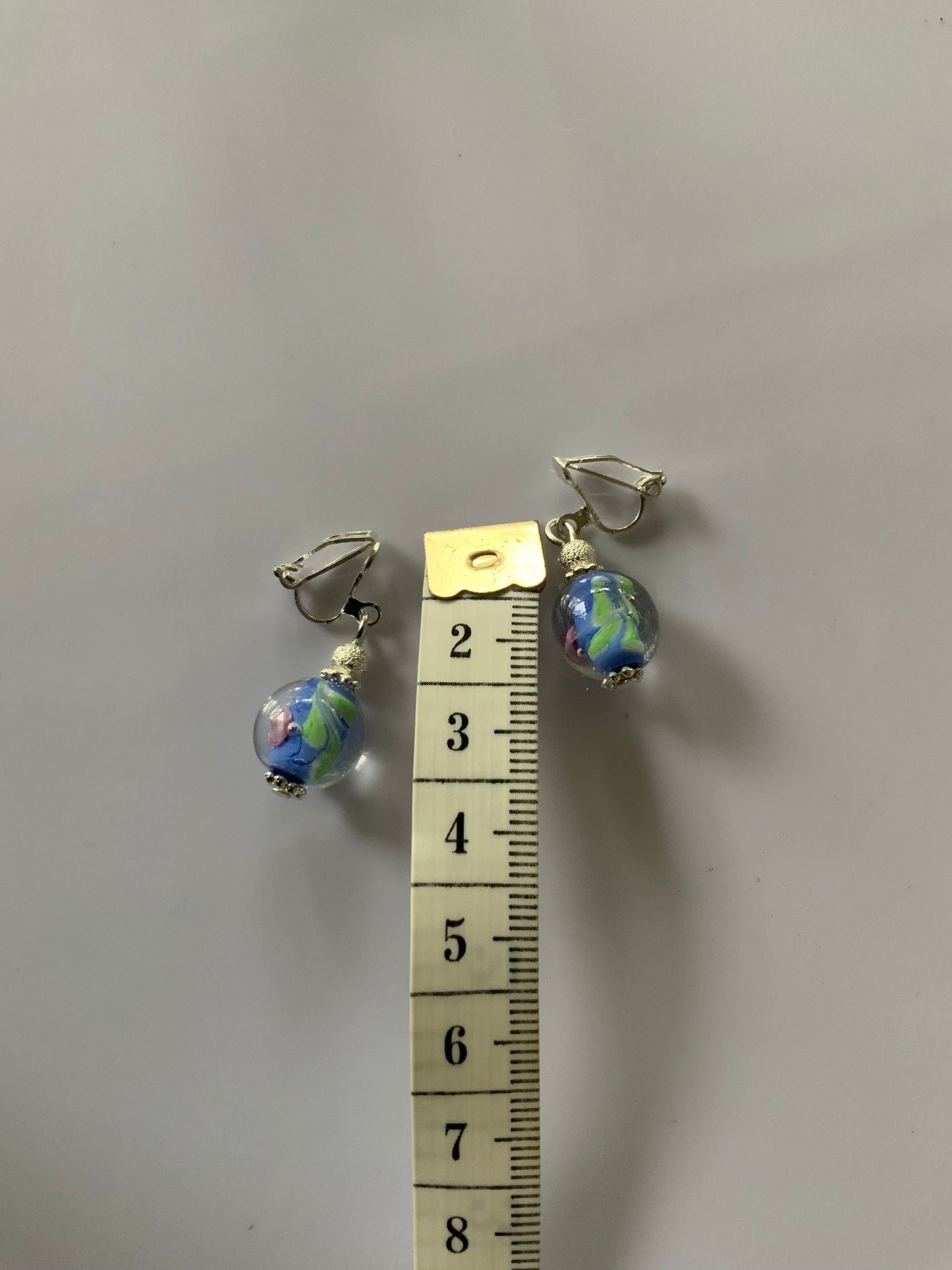 Lampwork Blue & Green  Floral Dangle Earrings Silver Plate Clip-On only