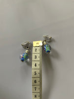 Lampwork Blue & Green  Floral Dangle Earrings Silver Plate Clip-On only