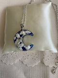 Half Moon Pendant Necklace Epoxy with Cloud Flakes Pendant on Fine Link Chain