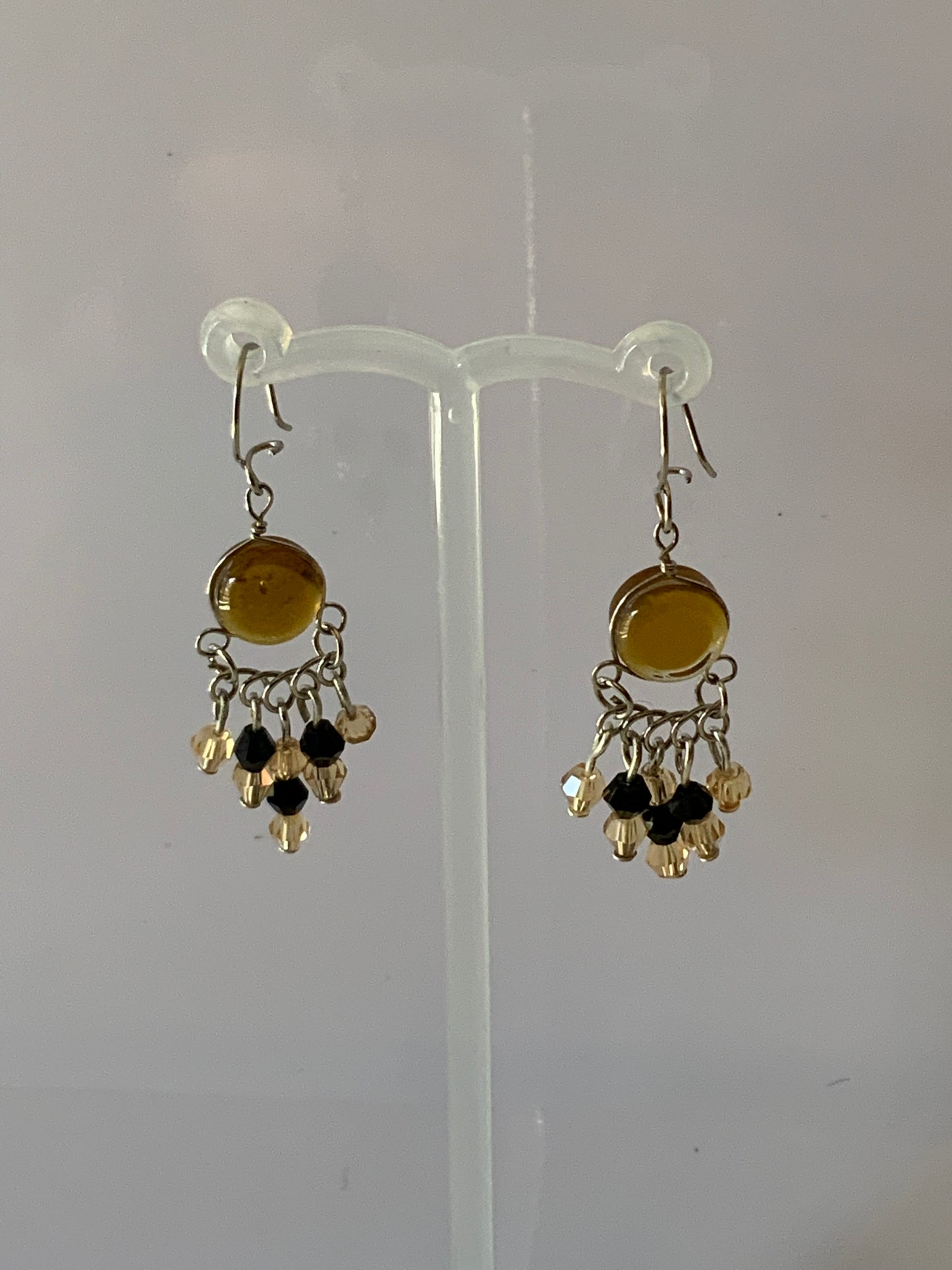 Dangle Amber & Silvertone  lightweight  Chandelier style Earrings Drop Pierced