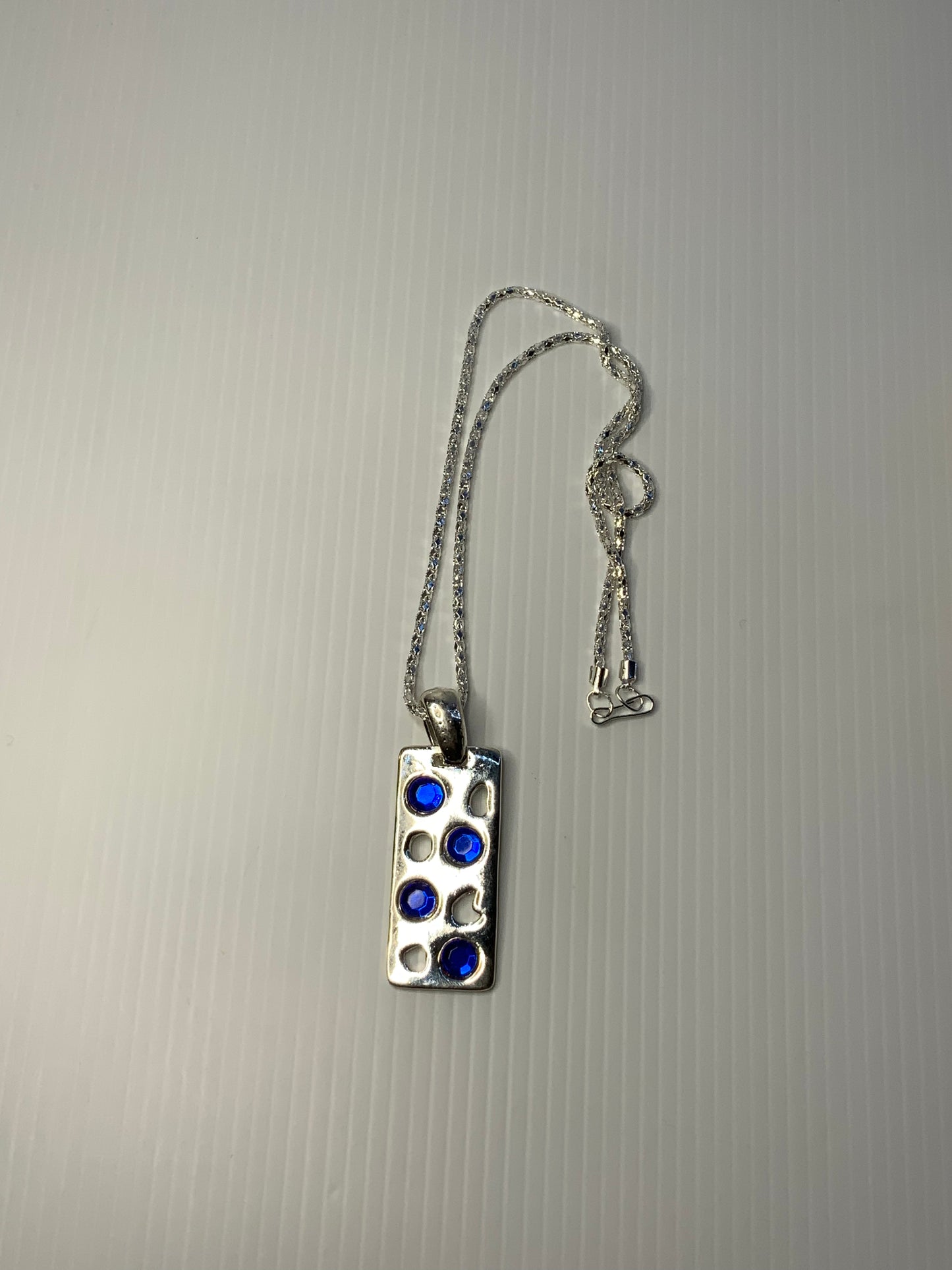 Short Necklace with Blue Rhinestone on Long Rectangle Pendant - Silver Plated