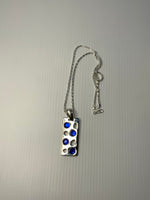 Short Necklace with Blue Rhinestone on Long Rectangle Pendant - Silver Plated