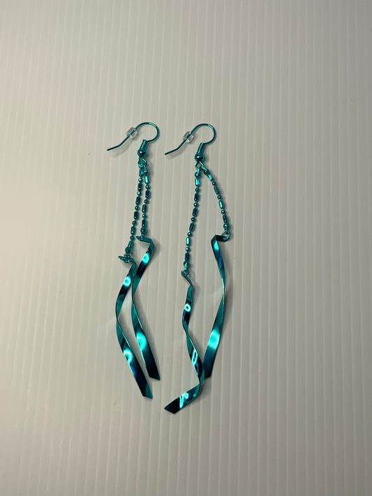 Long Wavey Ribbon Like & Ball Chain Metal Earrings Blue Pierced Hooks