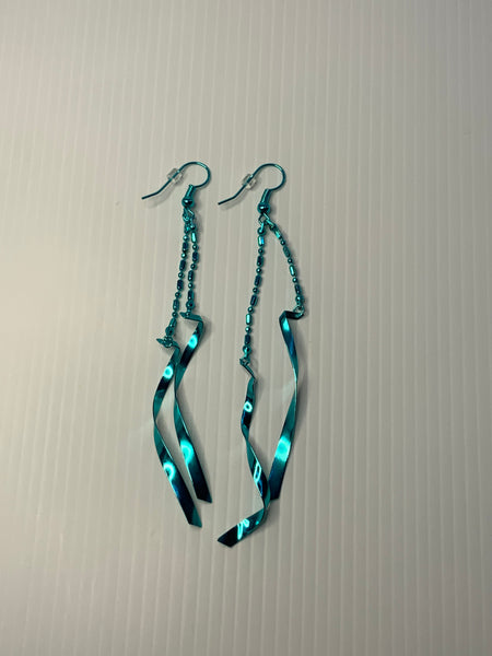 Long Wavey Ribbon Like & Ball Chain Metal Earrings Blue Pierced Hooks