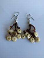 Light Tan Round Disc Beaded Tassel Long Drop Earrings Brown Bead - Pierced only