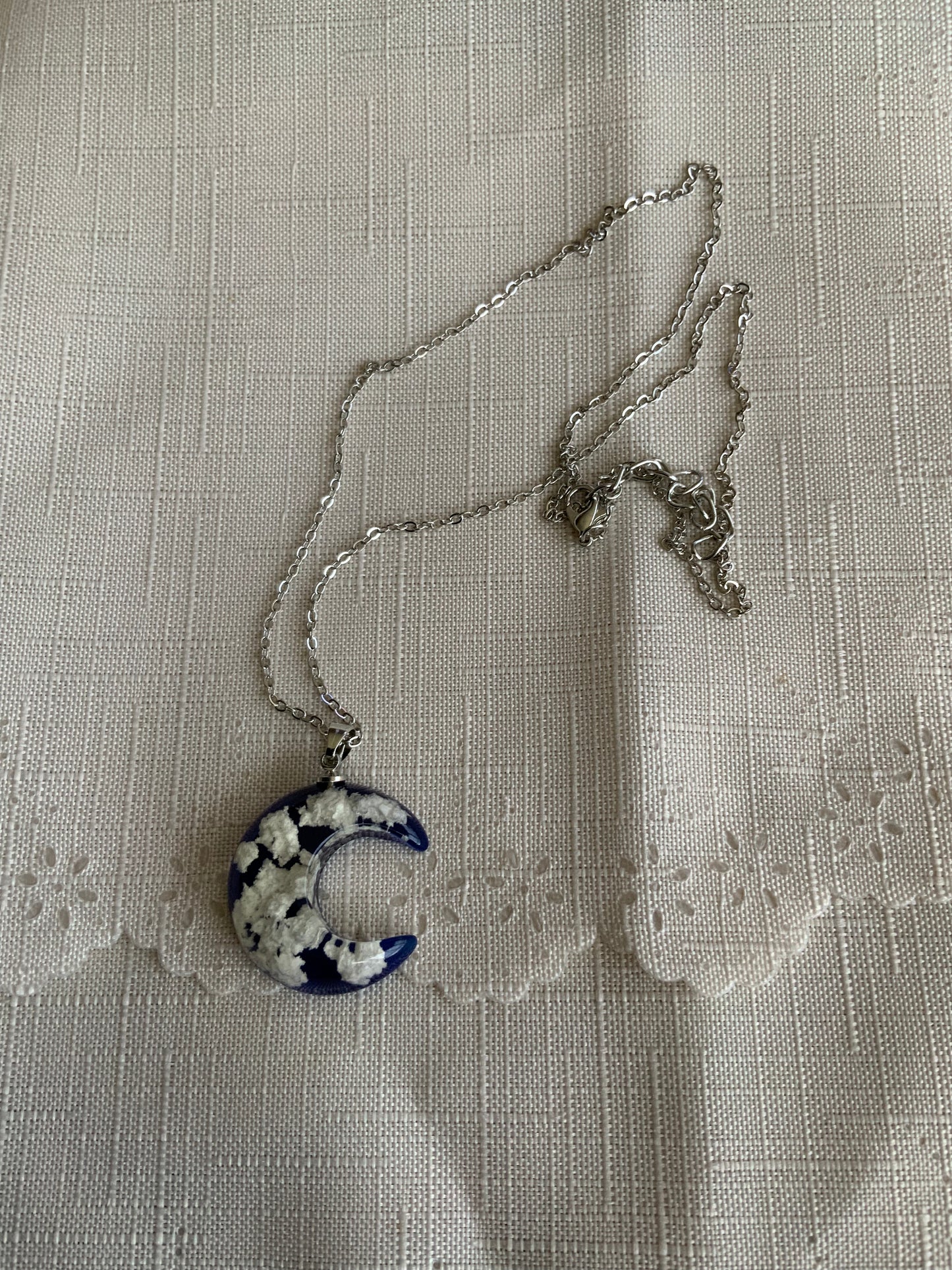 Half Moon Pendant Necklace Epoxy with Cloud Flakes Pendant on Fine Link Chain