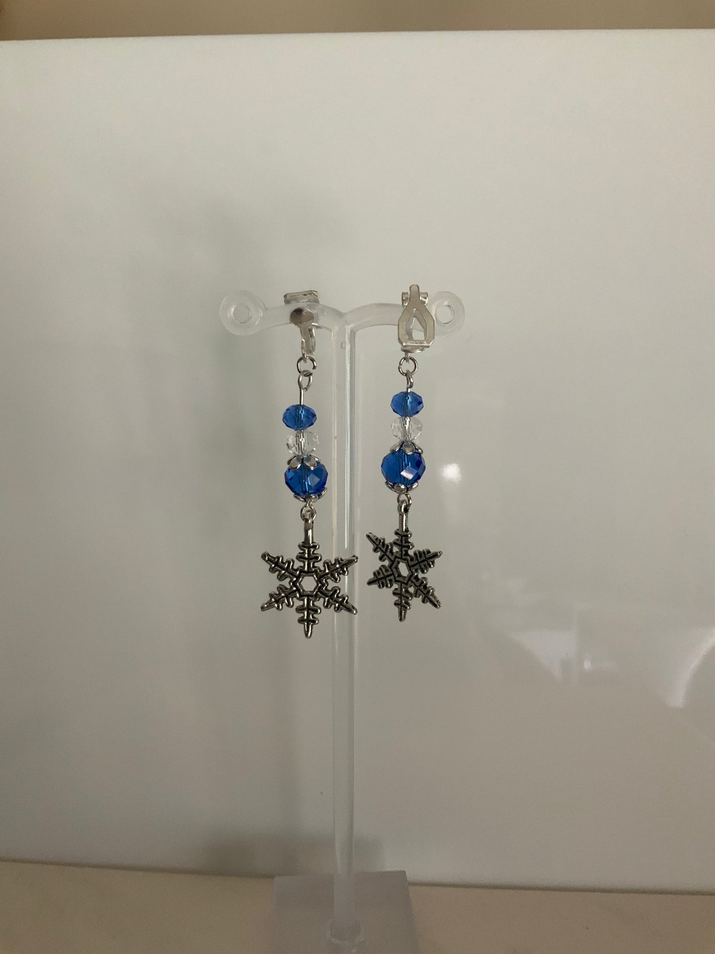 Silver Tone Snowflake Charm Dangle Crystals blue & Crystal Clear  Earrings Pierced or Clip-On  avail