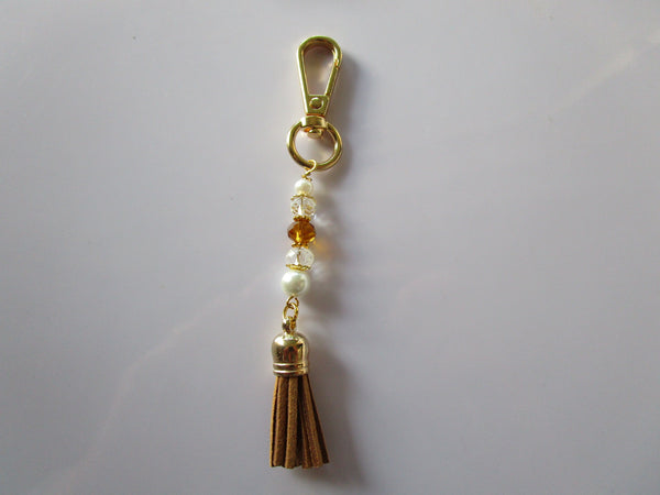 Handbag dangle, Key ring Dangle ~Tan / Brown Tassel Crystals