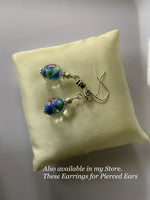 Lampwork Blue & Green  Floral Dangle Earrings Silver Plate Clip-On only
